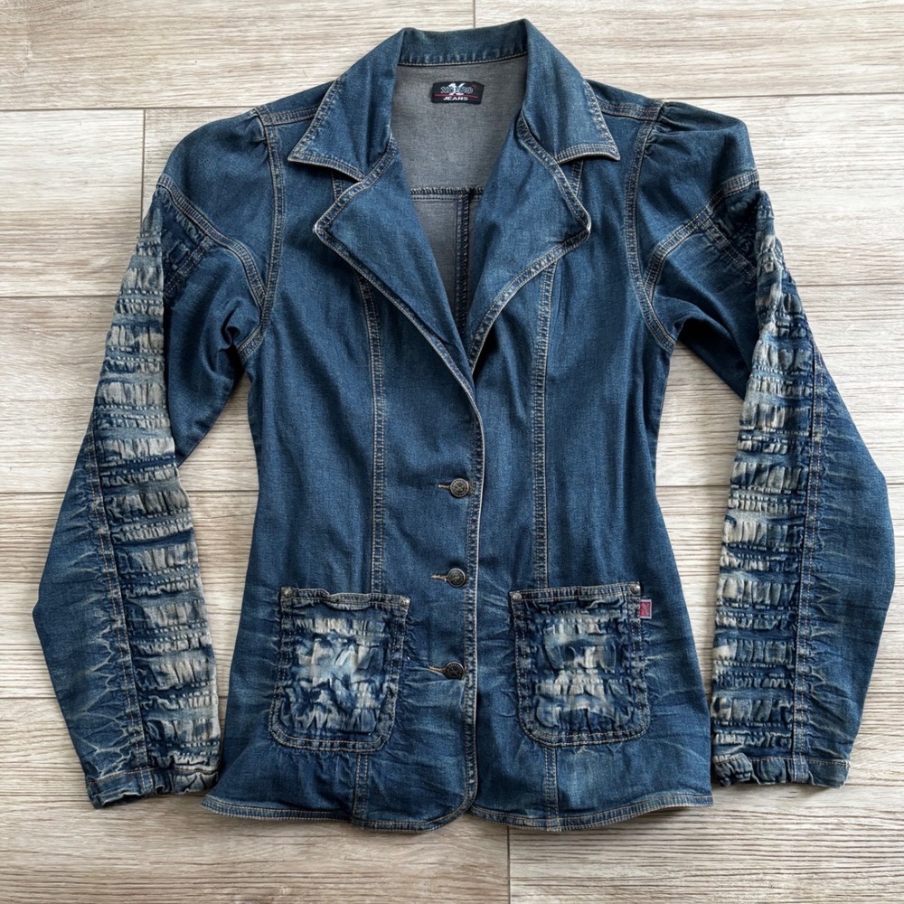 XCESO Jeans VTG Womens Blue Denim Blazer Ruched Distressed Sleeve Y2K M USA Made